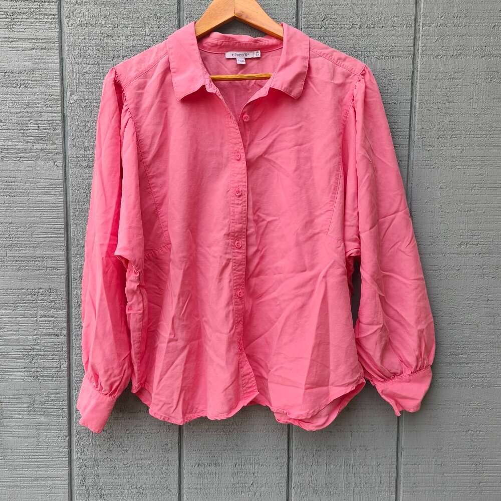 Chico's Linen Lyocell Batwing Balloon Sleeve Button Down sz L/12 Pink